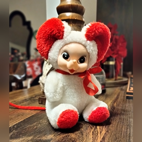 1950s Rare Find red and white Rushton rubber face plush mouse. 8" - Picture 2 of 3